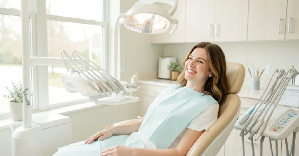 Smiling patient relaxed in dental chair during gentle whitening treatment