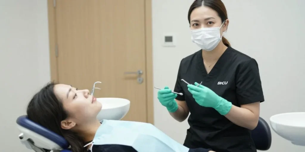 Dentist consulting patient before cracked tooth repair procedure