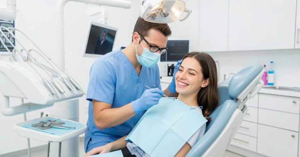 What Are the Benefits of Same Day Dental Implants Dunwoody? 2 Dentist performing routine dental exam